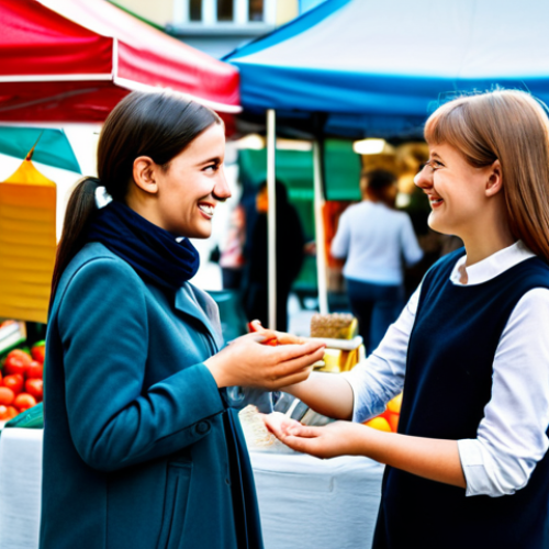 Home 4 A professional-looking young adult, wearing modest, contemporary attire, confidently speaking German to a friendly vendor at a vibrant German street market in Berlin. The person has a warm, natural smile, reflecting successful and comfortable communication. The market is bustling with activity, featuring fresh produce and local crafts in the background. perfect anatomy, correct proportions, natural pose, well-formed hands, proper finger count, natural body proportions, high-quality professional photography, bright lighting, realistic style, safe for work, appropriate content, fully clothed, professional, modest, family-friendly.