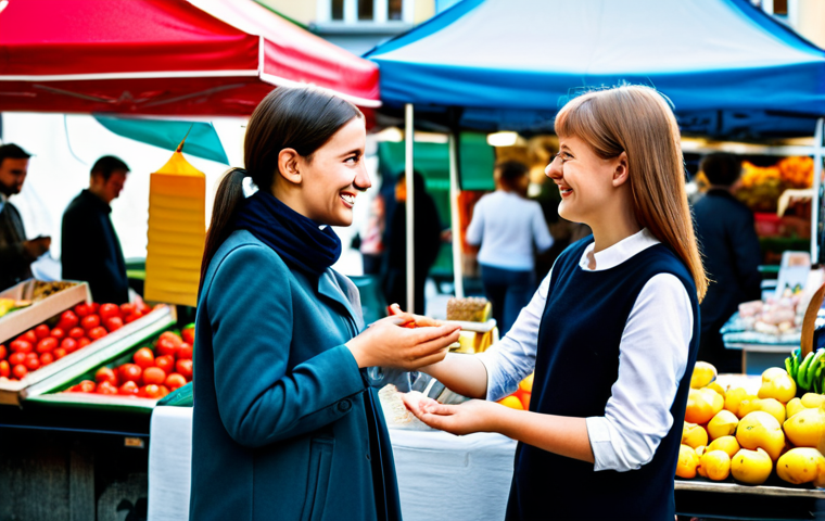 A professional-looking young adult, wearing modest, contemporary attire, confidently speaking German to a friendly vendor at a vibrant German street market in Berlin. The person has a warm, natural smile, reflecting successful and comfortable communication. The market is bustling with activity, featuring fresh produce and local crafts in the background. perfect anatomy, correct proportions, natural pose, well-formed hands, proper finger count, natural body proportions, high-quality professional photography, bright lighting, realistic style, safe for work, appropriate content, fully clothed, professional, modest, family-friendly.