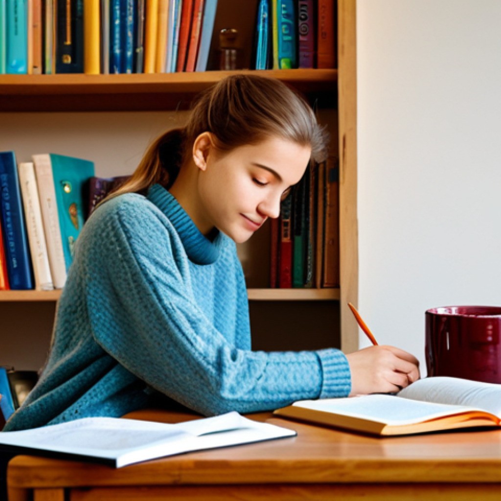Cozy Study Session**
A young woman in a modest sweater and jeans, sitting at a wooden desk in a warmly lit room, studying a Dutch language workbook, surrounded by books, a cup of coffee, and a candle. Background is a bookshelf filled with colorful books. Fully clothed, appropriate attire, safe for work, perfect anatomy, natural proportions, professional quality, family-friendly.
**