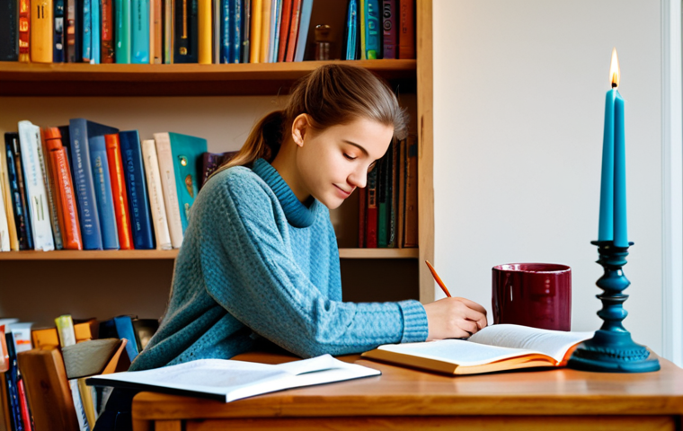 Cozy Study Session**
A young woman in a modest sweater and jeans, sitting at a wooden desk in a warmly lit room, studying a Dutch language workbook, surrounded by books, a cup of coffee, and a candle. Background is a bookshelf filled with colorful books. Fully clothed, appropriate attire, safe for work, perfect anatomy, natural proportions, professional quality, family-friendly.
**
