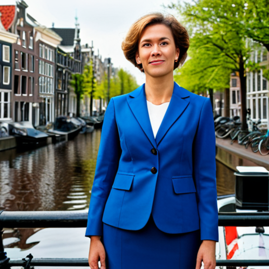 A professional businesswoman in a modest business suit, standing in front of the canals of Amsterdam, fully clothed, appropriate attire, safe for work, perfect anatomy, natural proportions, professional photography, high quality.