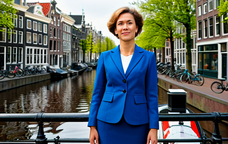 A professional businesswoman in a modest business suit, standing in front of the canals of Amsterdam, fully clothed, appropriate attire, safe for work, perfect anatomy, natural proportions, professional photography, high quality.
