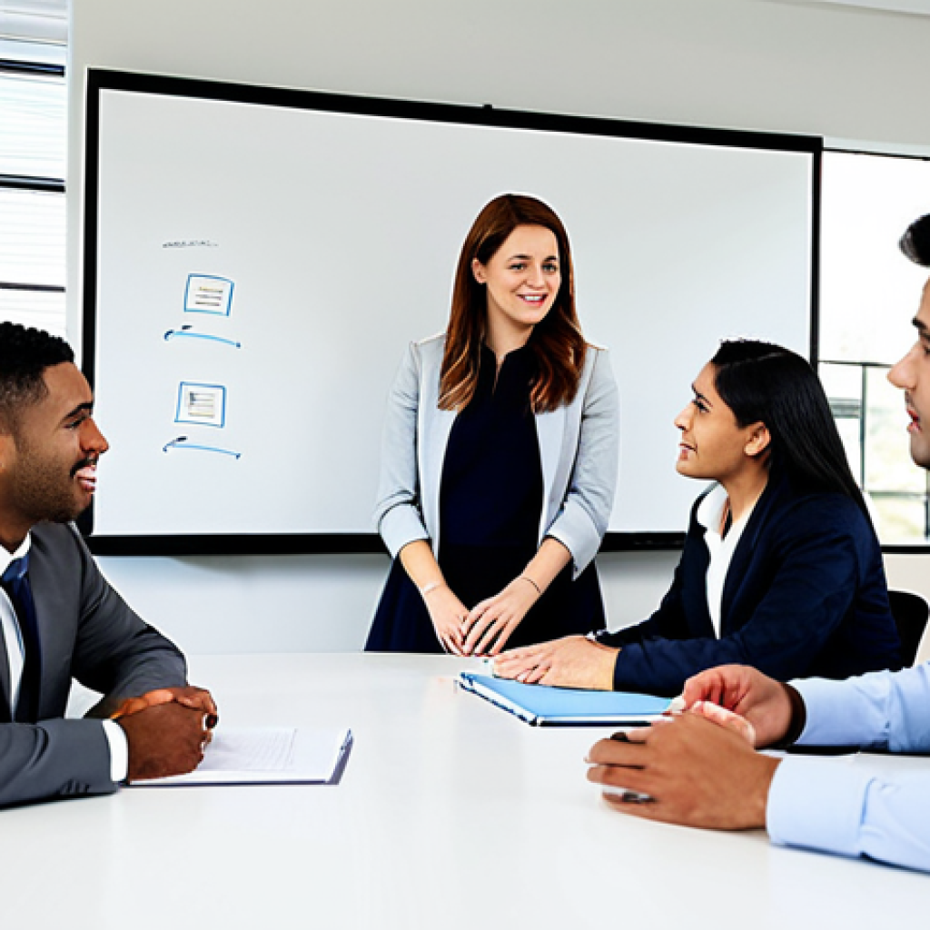 독일어 실무 활용 사례 - Office Meeting**

"A diverse team of professionals in a modern office meeting room, fully clothed in...