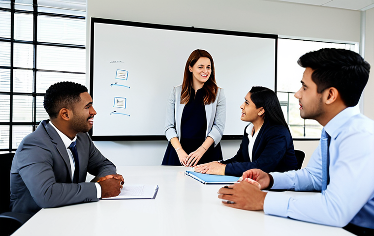 독일어 실무 활용 사례 - Office Meeting**
"A diverse team of professionals in a modern office meeting room, fully clothed in...