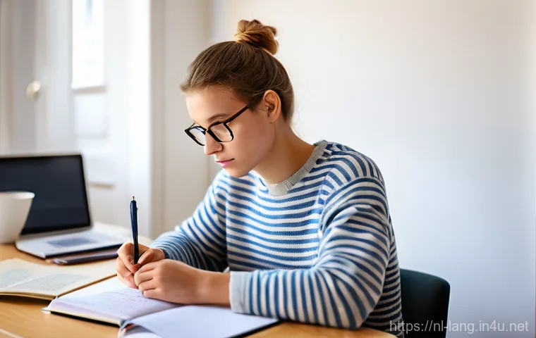 DELF 시험 후기 및 팁 모음 - "A focused young adult, a Dutch student approximately 20 years old, diligently studying in a bright,...