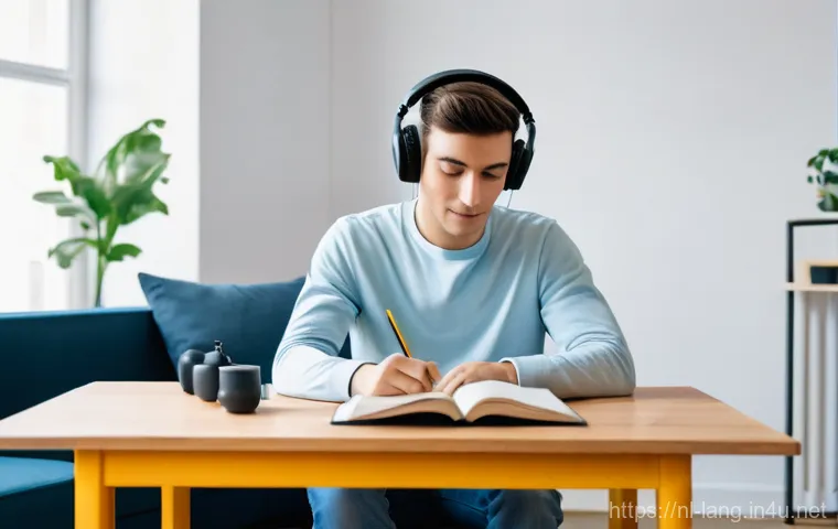 DELF 듣기 시험 팁 - **"Focused French Listener: A Cozy Immersion Session"**
A young adult, approximately 18 years ol...