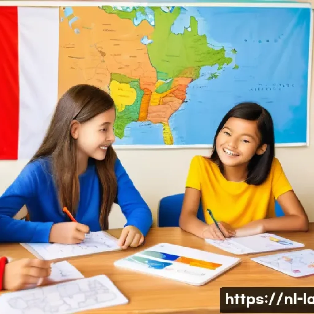 프랑스어 이론 공부와 실무 적용 - A cozy classroom scene with a diverse group of young students studying French. They are seated aroun...