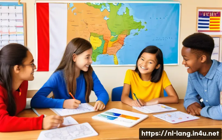 프랑스어 이론 공부와 실무 적용 - A cozy classroom scene with a diverse group of young students studying French. They are seated aroun...