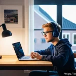 독일어 실기 시험 대비 팁 - A cozy indoor study scene featuring a young Dutch student sitting at a wooden desk with a laptop ope...