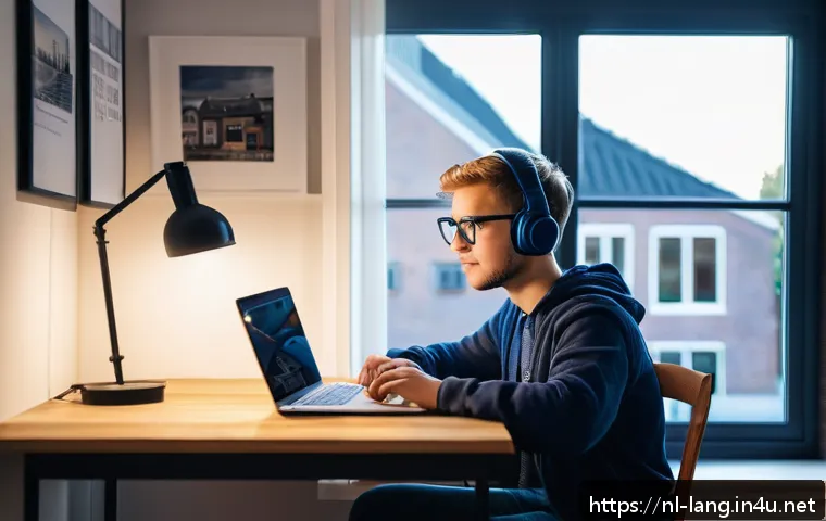 독일어 실기 시험 대비 팁 - A cozy indoor study scene featuring a young Dutch student sitting at a wooden desk with a laptop ope...