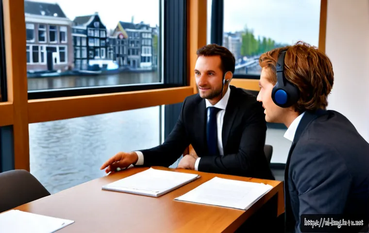 Home 17 프랑스어 자격증으로 가능한 직업 - Photorealistic professional French interpreter in a modern Amsterdam conference room, a Dutch busine...